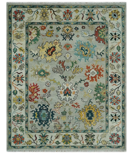 Silver, Ivory and Beige vibrant Colorful Hand knotted 8x10 and 9x12 Traditional Oushak wool Rug
