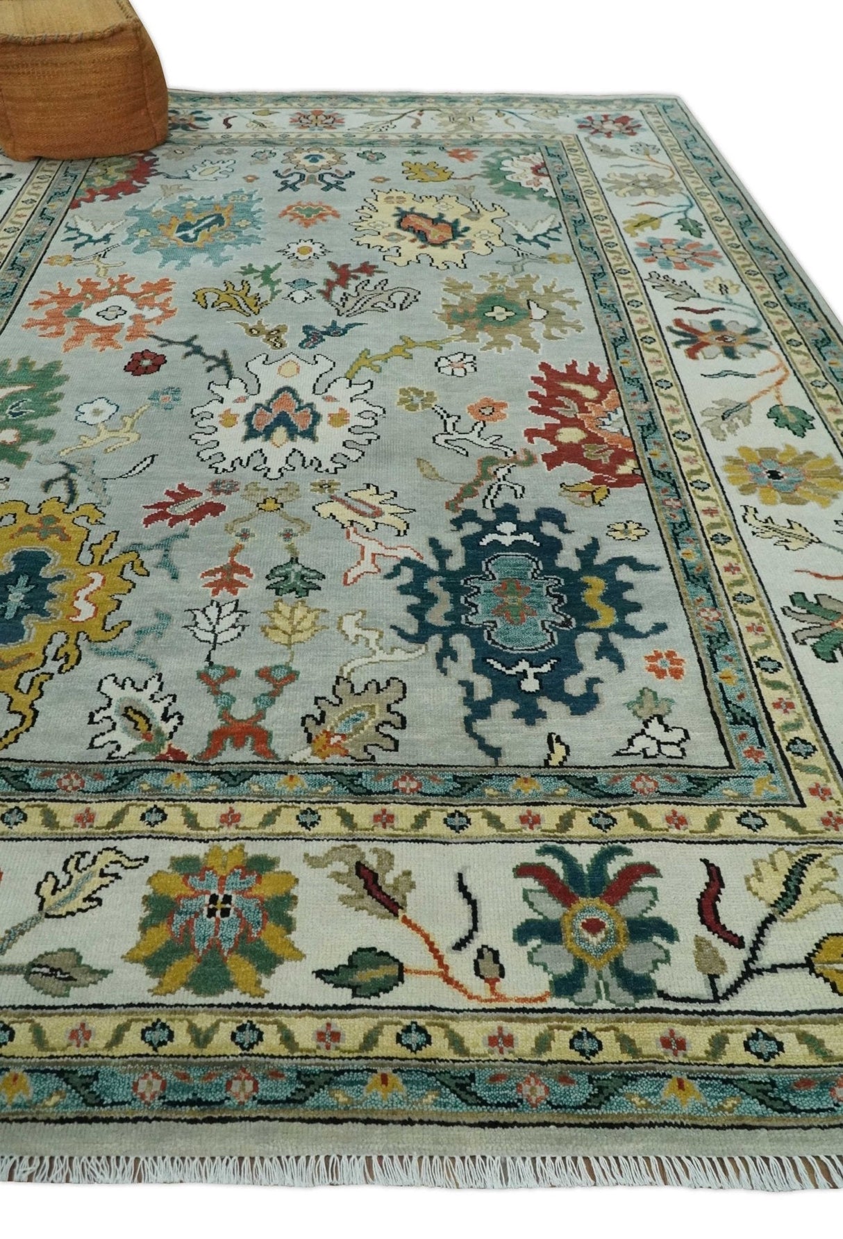 Silver, Ivory and Beige vibrant Colorful Hand knotted 8x10 and 9x12 Traditional Oushak wool Rug