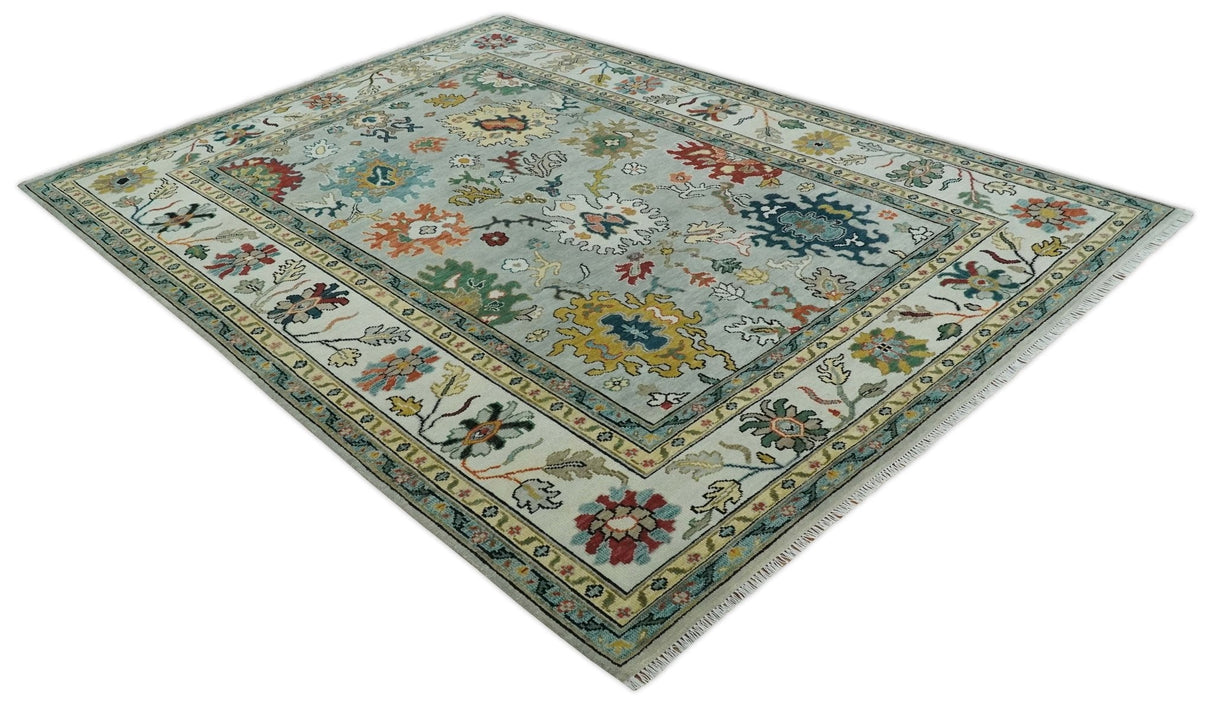 Silver, Ivory and Beige vibrant Colorful Hand knotted 8x10 and 9x12 Traditional Oushak wool Rug
