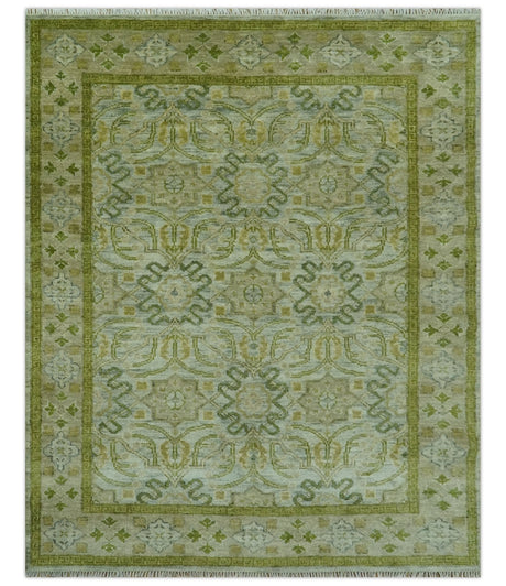 Silver, Olive and Green Traditional Floral motifs design 8x10 wool area rug