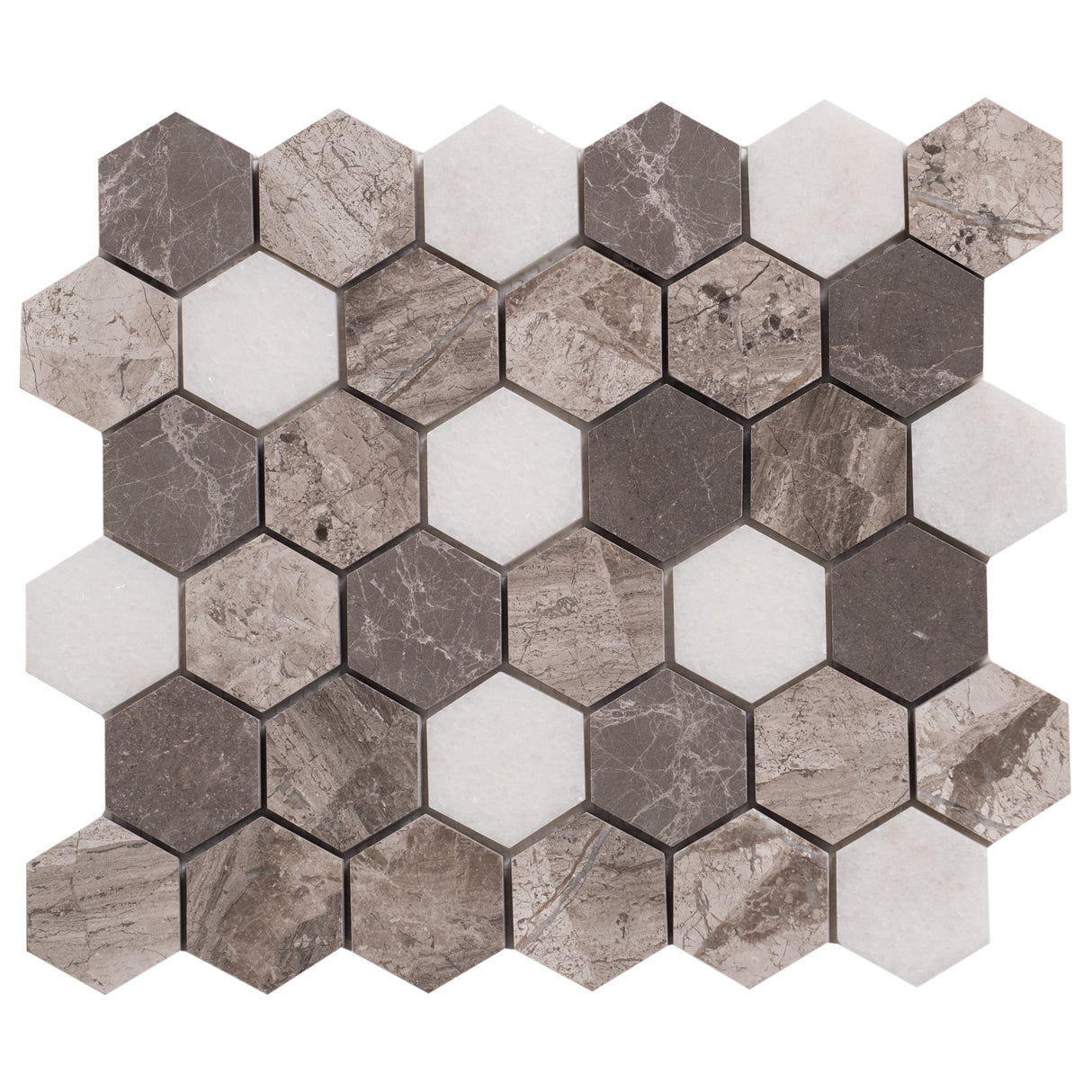 Silver Shadow-Carrara White Mix Marble 2" Hexagon on 12" x 12" Mesh Mosaic Tile - Belair Collection