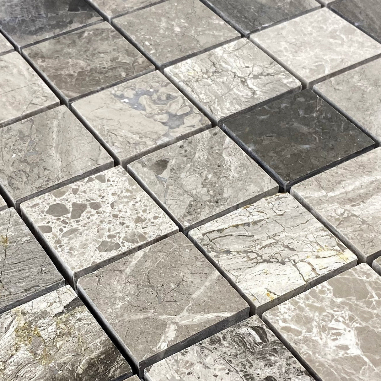 Silver Shadow Marble 2"x2" Honed on 12" x 12" Mesh Mosaic Tile - Belair Collection