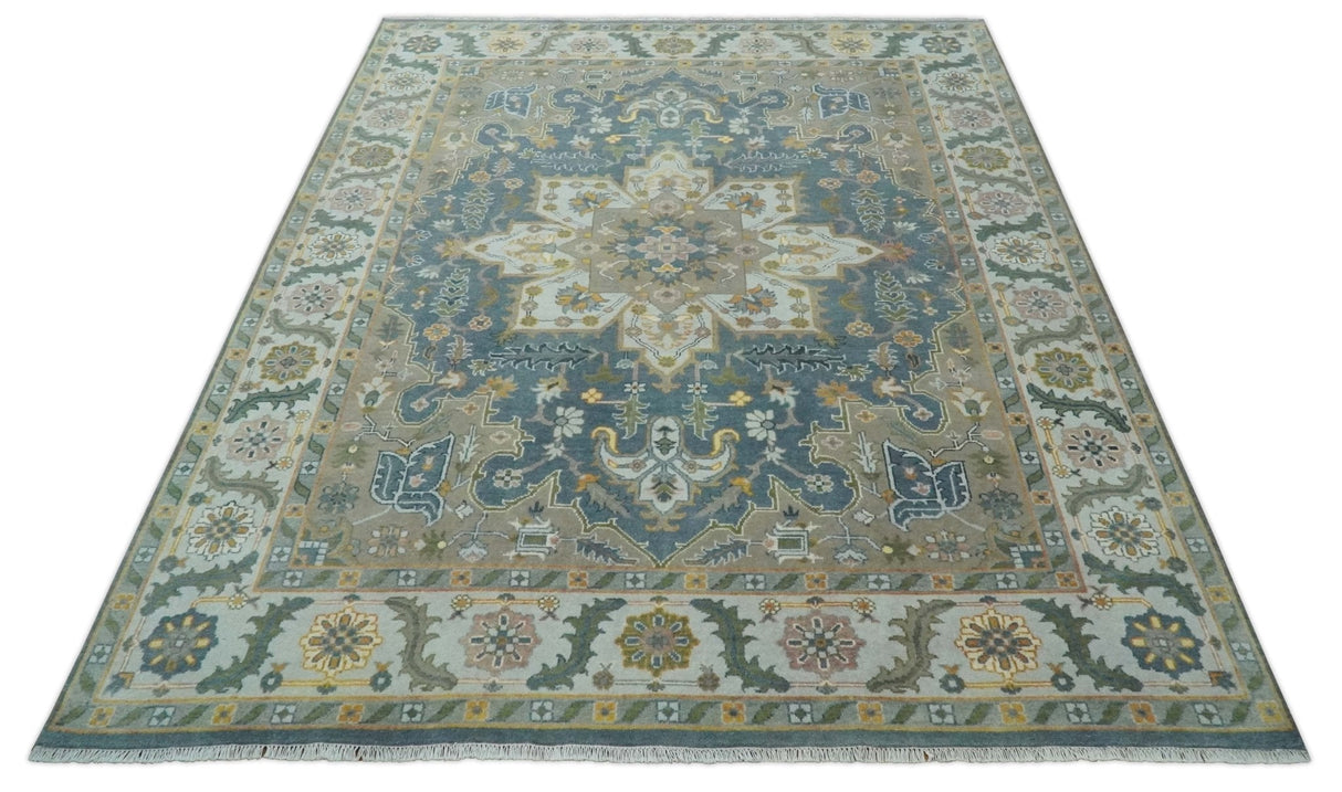Silver, Teal and Taupe Hand knotted Traditional Heriz Serapi 9x12 Wool Area Rug