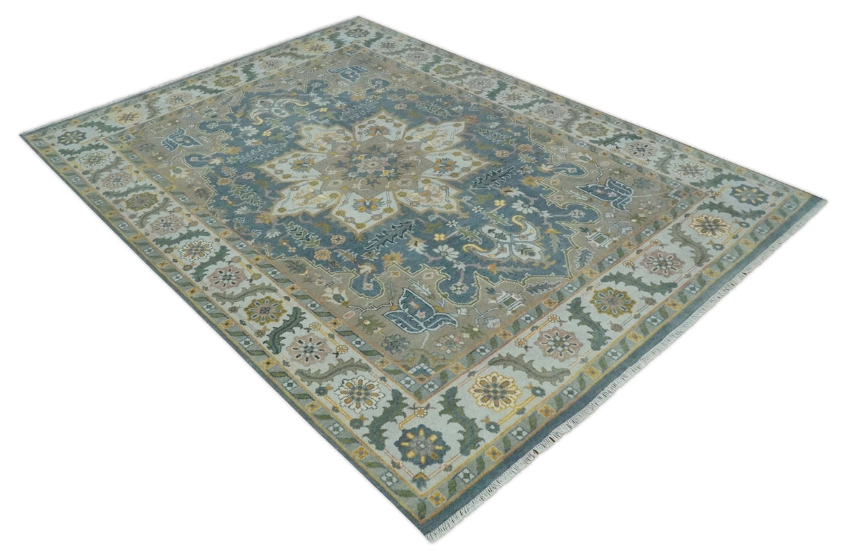Silver, Teal and Taupe Hand knotted Traditional Heriz Serapi 9x12 Wool Area Rug