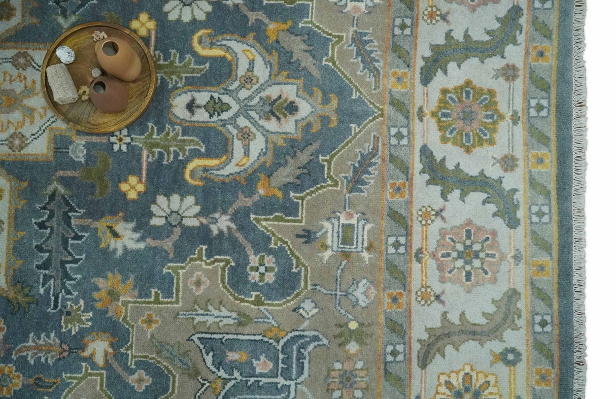 Silver, Teal and Taupe Hand knotted Traditional Heriz Serapi 9x12 Wool Area Rug