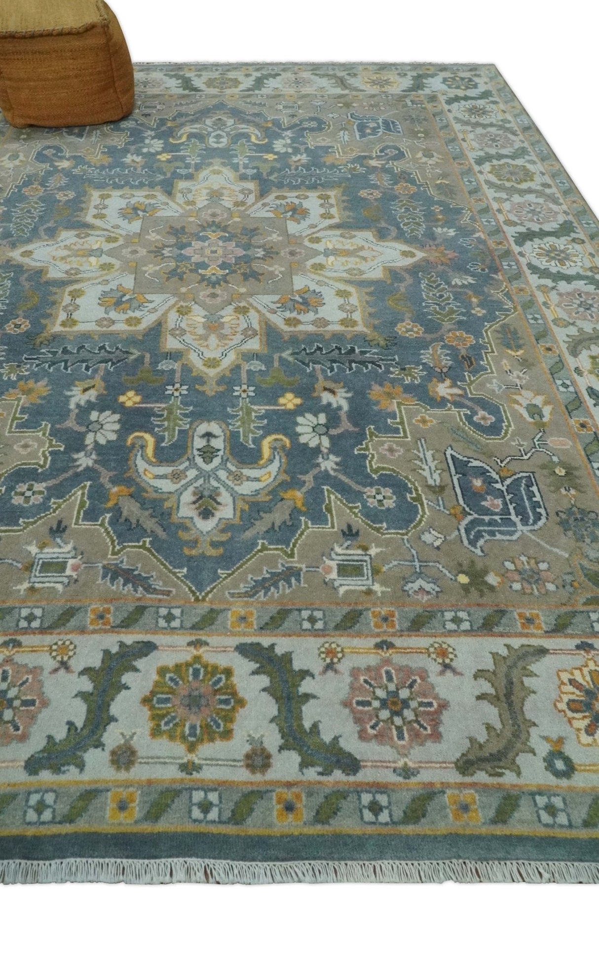 Silver, Teal and Taupe Hand knotted Traditional Heriz Serapi 9x12 Wool Area Rug