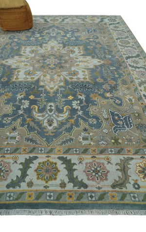 Silver, Teal and Taupe Hand knotted Traditional Heriz Serapi 9x12 Wool Area Rug