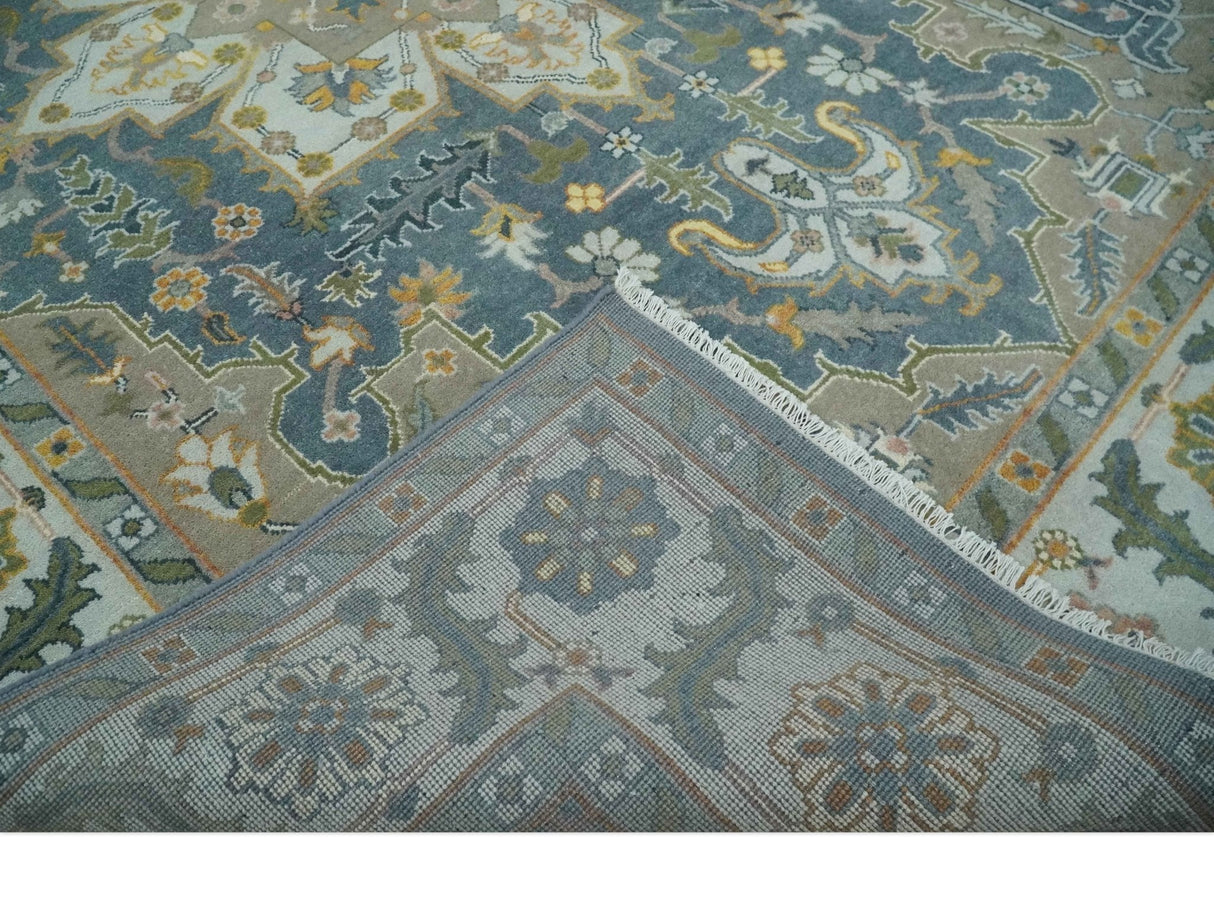 Silver, Teal and Taupe Hand knotted Traditional Heriz Serapi 9x12 Wool Area Rug