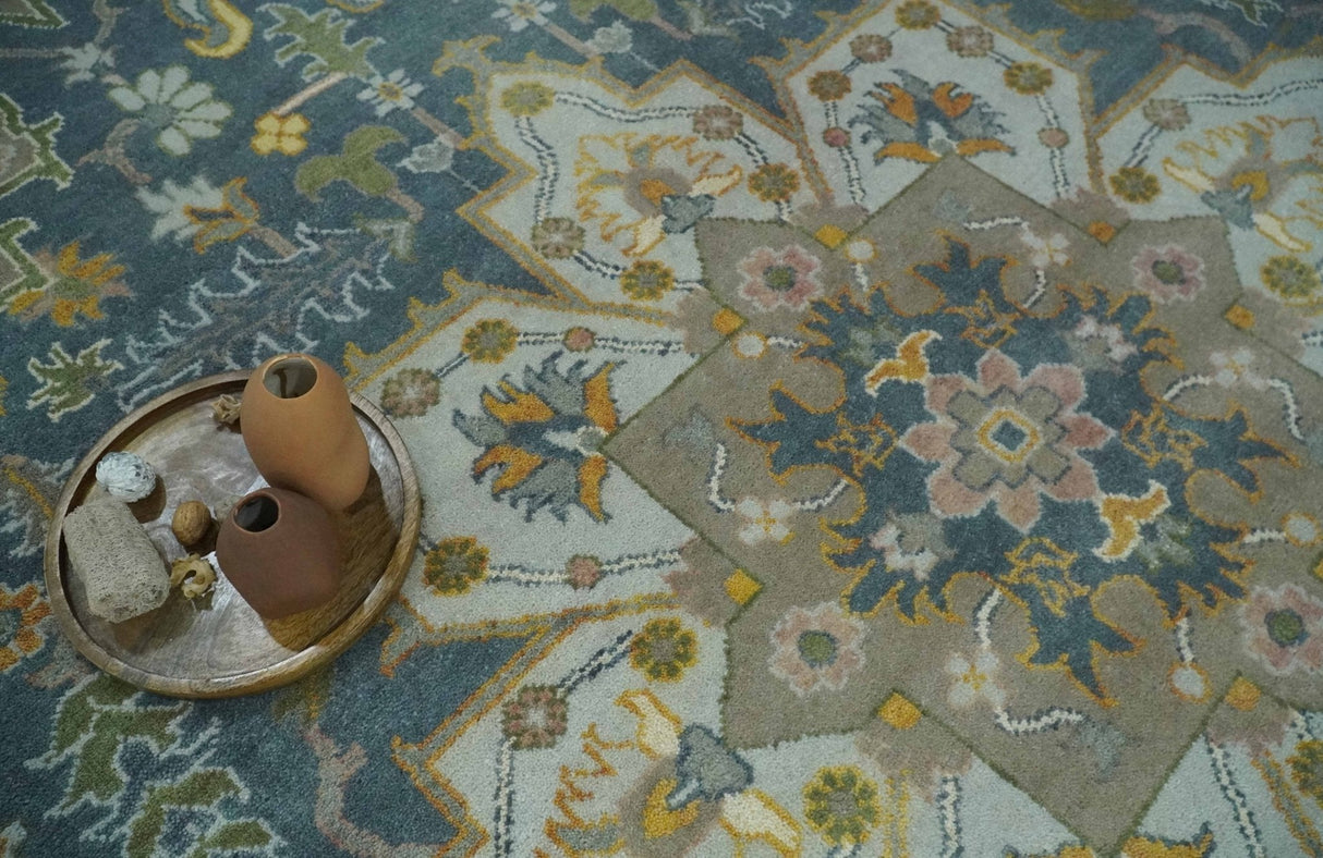 Silver, Teal and Taupe Hand knotted Traditional Heriz Serapi 9x12 Wool Area Rug