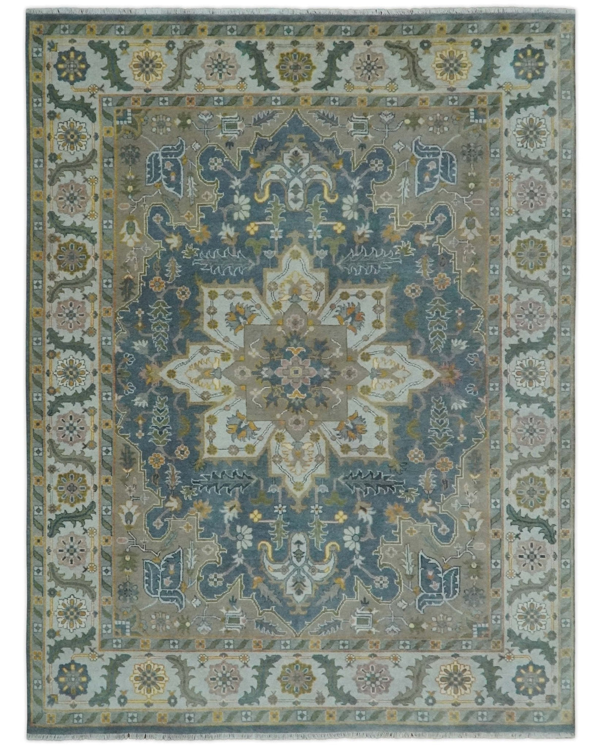 Silver, Teal and Taupe Hand knotted Traditional Heriz Serapi 9x12 Wool Area Rug