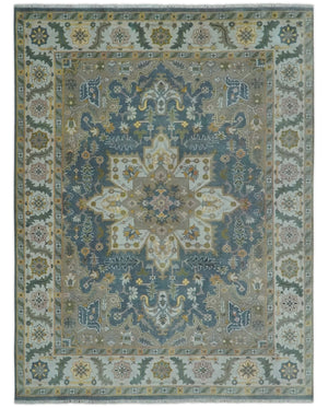Silver, Teal and Taupe Hand knotted Traditional Heriz Serapi 9x12 Wool Area Rug