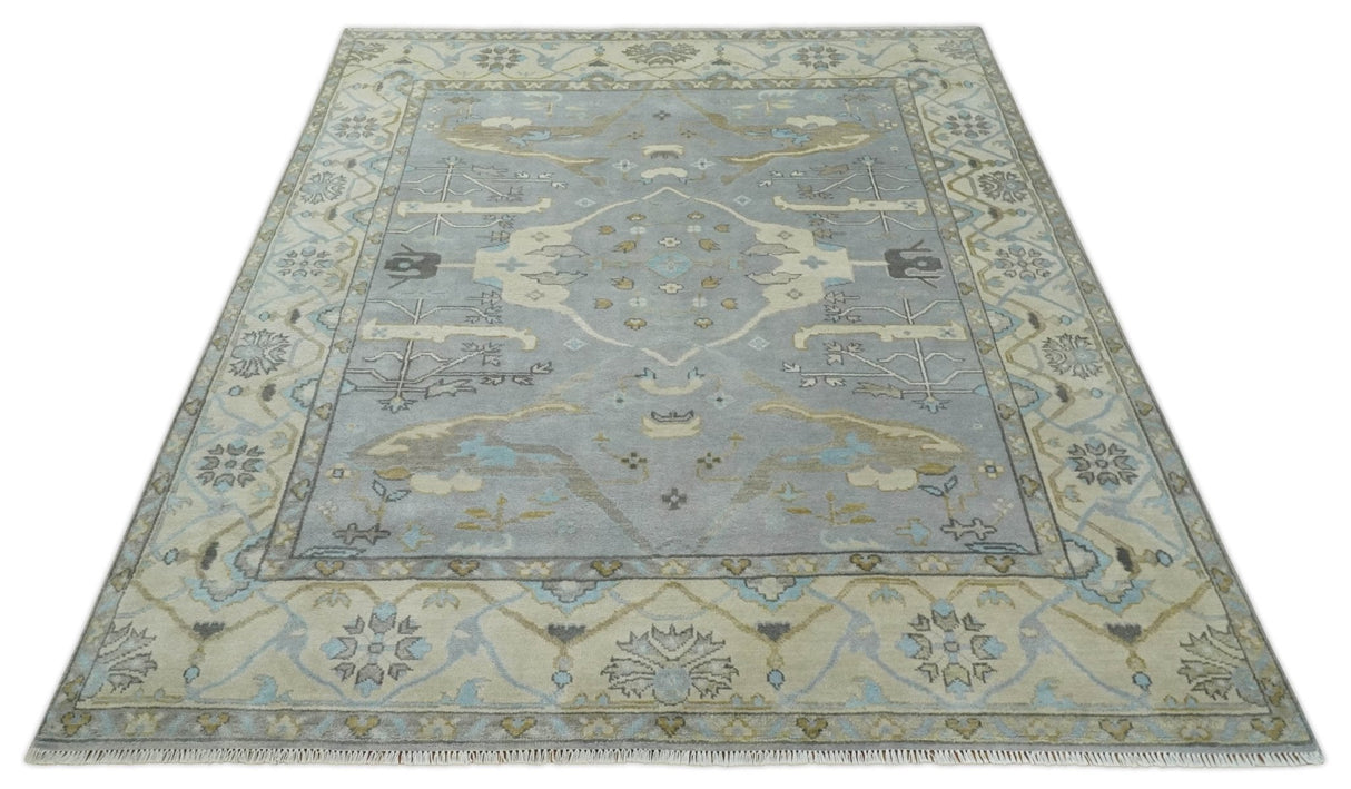 Silver and Beige Hand Knotted 8x10 Oriental Oushak Wool Area Rug, Living Room Rug | TRDCP1152810