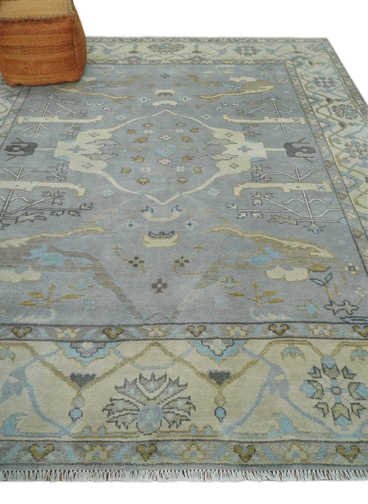 Silver and Beige Hand Knotted 8x10 Oriental Oushak Wool Area Rug, Living Room Rug | TRDCP1152810