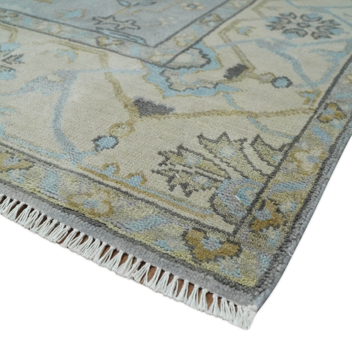 Silver and Beige Hand Knotted 8x10 Oriental Oushak Wool Area Rug, Living Room Rug | TRDCP1152810