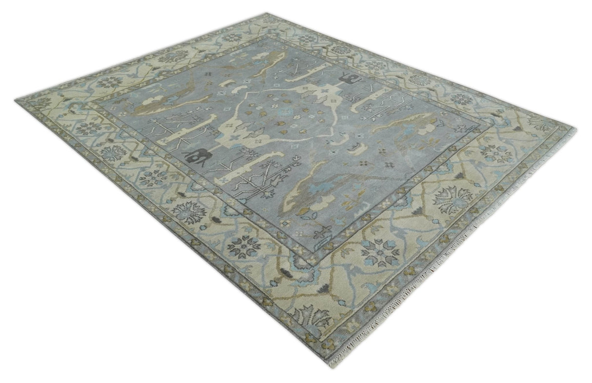 Silver and Beige Hand Knotted 8x10 Oriental Oushak Wool Area Rug, Living Room Rug | TRDCP1152810