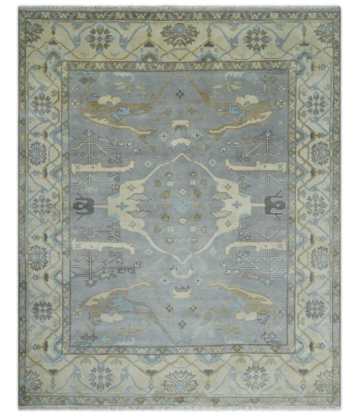 Silver and Beige Hand Knotted 8x10 Oriental Oushak Wool Area Rug, Living Room Rug | TRDCP1152810