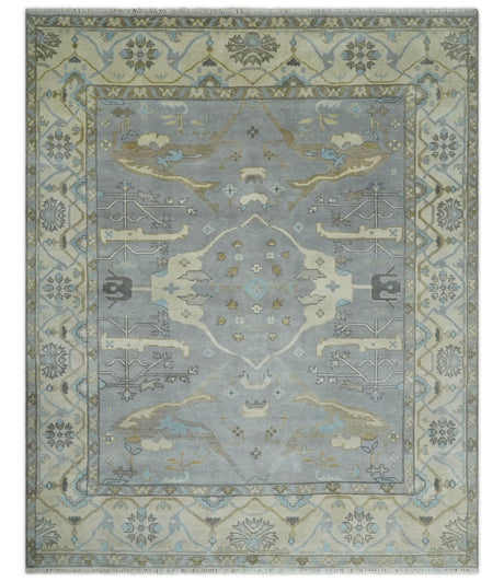 Silver and Beige Hand Knotted 8x10 Oriental Oushak Wool Area Rug, Living Room Rug | TRDCP1152810