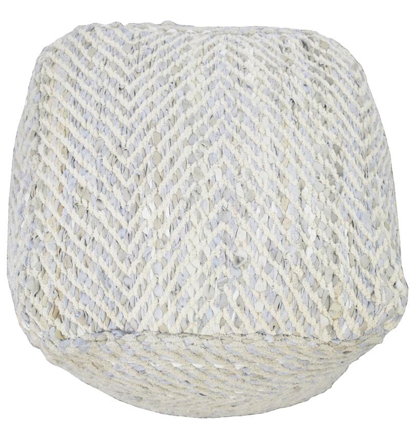Silver and Beige Modern Leather and Chenille Pouf Ottoman, Chevron Design Pouf, Chair, Couch, Side Table, Foot Rest, Foot Stool, Side table | TRD104