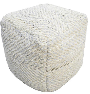 Silver and Beige Modern Leather and Chenille Pouf Ottoman, Chevron Design Pouf, Chair, Couch, Side Table, Foot Rest, Foot Stool, Side table | TRD104