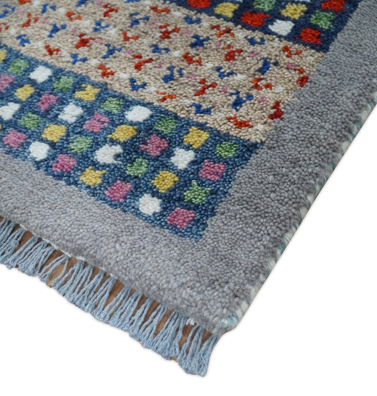 Small 1.5x2 Gray, Blue and Camel Wool Hand Knotted traditional Vintage Antique Southwestern Tribal Gabbeh | TRDCP566152