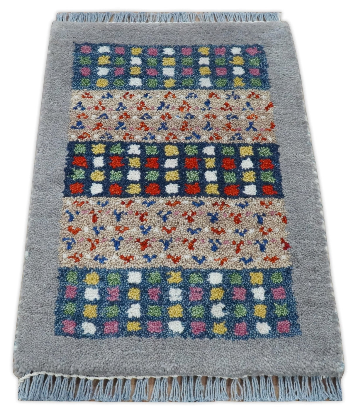 Small 1.5x2 Gray, Blue and Camel Wool Hand Knotted traditional Vintage Antique Southwestern Tribal Gabbeh | TRDCP566152
