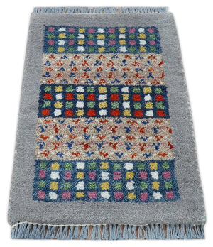 Small 1.5x2 Gray, Blue and Camel Wool Hand Knotted traditional Vintage Antique Southwestern Tribal Gabbeh | TRDCP566152