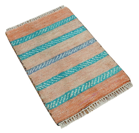 Small 1.5x2 Peach and Blue Wool Hand Knotted traditional Persian Vintage Antique Southwestern Gabbeh Rug| TRDCP347152