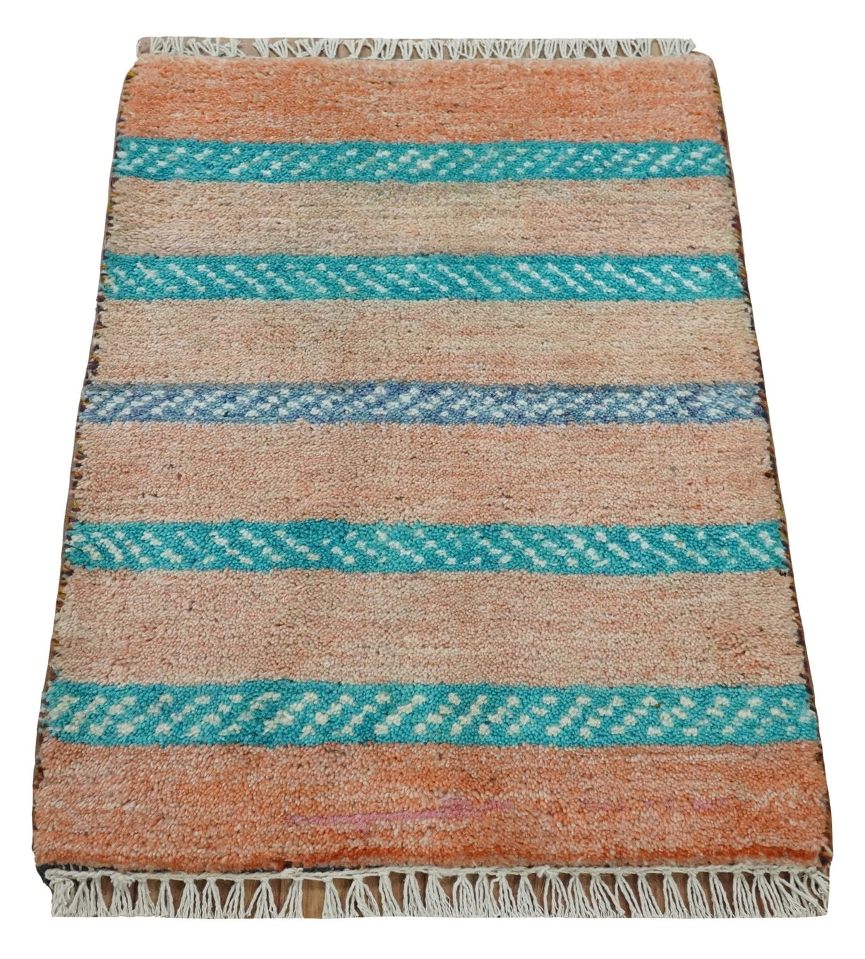 Small 1.5x2 Peach and Blue Wool Hand Knotted traditional Persian Vintage Antique Southwestern Gabbeh Rug| TRDCP347152