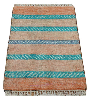 Small 1.5x2 Peach and Blue Wool Hand Knotted traditional Persian Vintage Antique Southwestern Gabbeh Rug| TRDCP347152