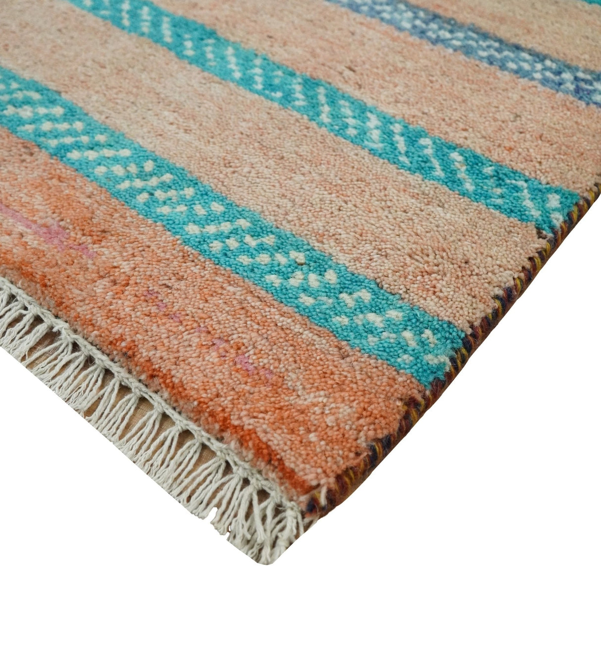 Small 1.5x2 Peach and Blue Wool Hand Knotted traditional Persian Vintage Antique Southwestern Gabbeh Rug| TRDCP347152