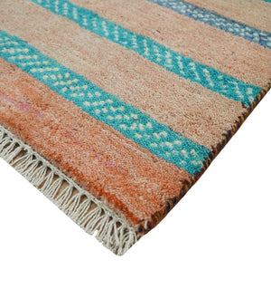 Small 1.5x2 Peach and Blue Wool Hand Knotted traditional Persian Vintage Antique Southwestern Gabbeh Rug| TRDCP347152