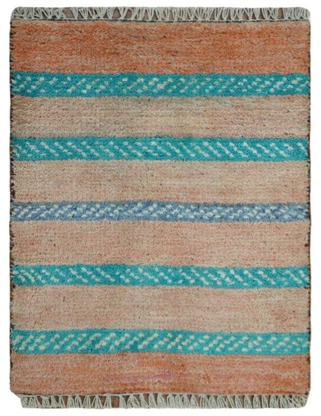 Small 1.5x2 Peach and Blue Wool Hand Knotted traditional Persian Vintage Antique Southwestern Gabbeh Rug| TRDCP347152