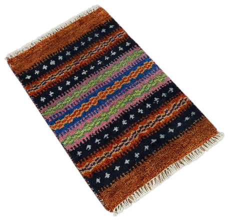 Small 1.5x2 Rust and Blue Wool Hand Knotted traditional Persian Vintage Antique Scandinavian Gabbeh Rug| TRDCP315152