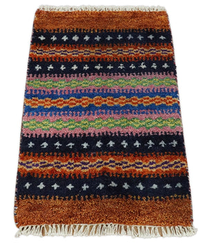 Small 1.5x2 Rust and Blue Wool Hand Knotted traditional Persian Vintage Antique Scandinavian Gabbeh Rug| TRDCP315152