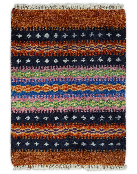 Small 1.5x2 Rust and Blue Wool Hand Knotted traditional Persian Vintage Antique Scandinavian Gabbeh Rug| TRDCP315152