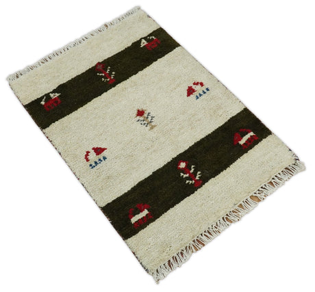 Small 1.5x2 White and Brown Wool Hand Knotted traditional Vintage Antique Southwestern Tribal Gabbeh | TRDCP356152