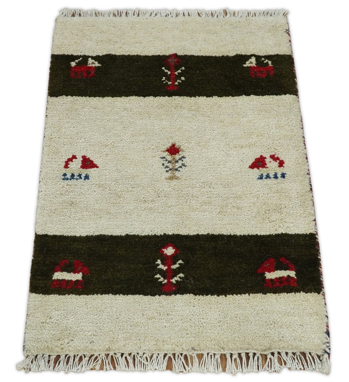 Small 1.5x2 White and Brown Wool Hand Knotted traditional Vintage Antique Southwestern Tribal Gabbeh | TRDCP356152