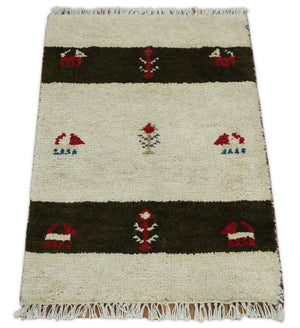 Small 1.5x2 White and Brown Wool Hand Knotted traditional Vintage Antique Southwestern Tribal Gabbeh | TRDCP356152