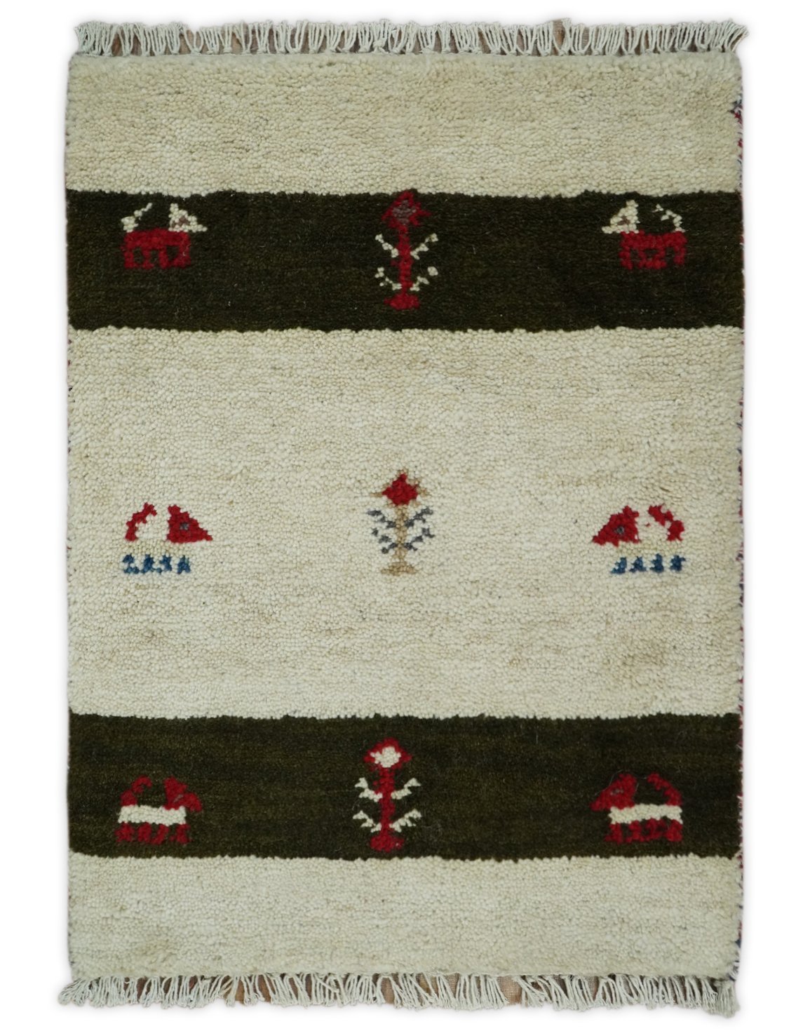 Small 1.5x2 White and Brown Wool Hand Knotted traditional Vintage Antique Southwestern Tribal Gabbeh | TRDCP356152