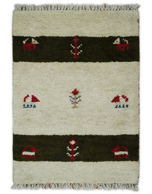 Small 1.5x2 White and Brown Wool Hand Knotted traditional Vintage Antique Southwestern Tribal Gabbeh | TRDCP356152