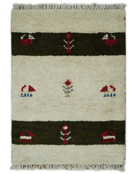 Small 1.5x2 White and Brown Wool Hand Knotted traditional Vintage Antique Southwestern Tribal Gabbeh | TRDCP356152