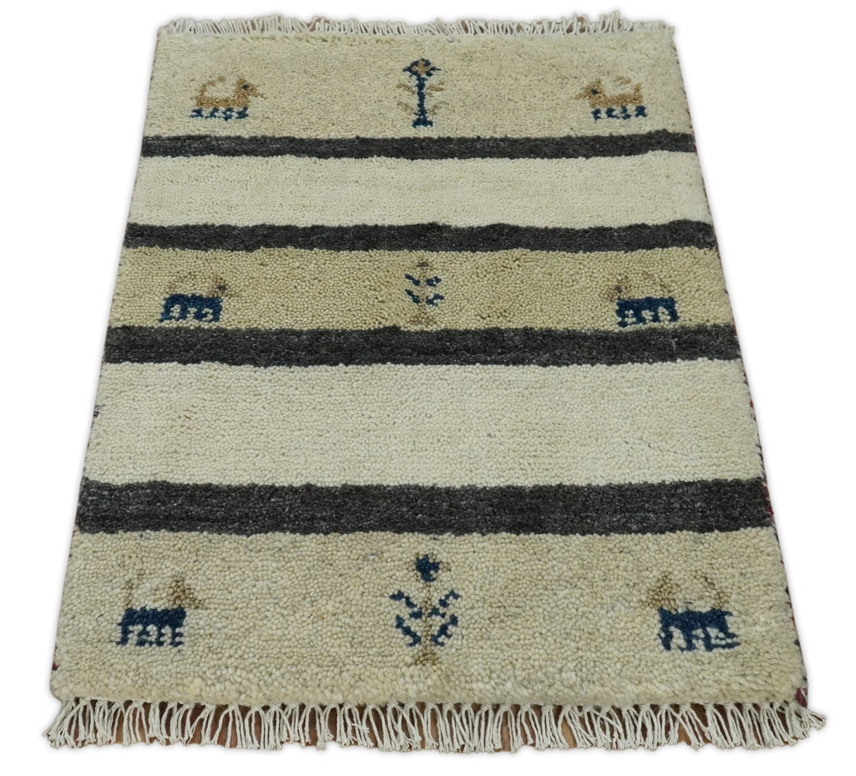 Small 1.5x2 White and Gray Wool Hand Knotted traditional Vintage Antique Southwestern Tribal Gabbeh | TRDCP357152