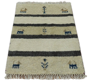 Small 1.5x2 White and Gray Wool Hand Knotted traditional Vintage Antique Southwestern Tribal Gabbeh | TRDCP357152