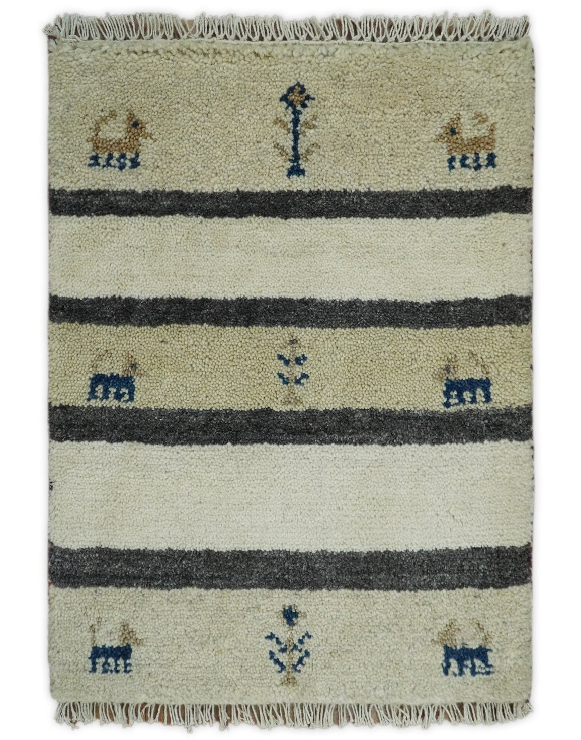 Small 1.5x2 White and Gray Wool Hand Knotted traditional Vintage Antique Southwestern Tribal Gabbeh | TRDCP357152