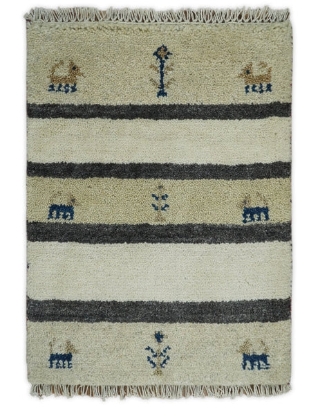 Small 1.5x2 White and Gray Wool Hand Knotted traditional Vintage Antique Southwestern Tribal Gabbeh | TRDCP357152