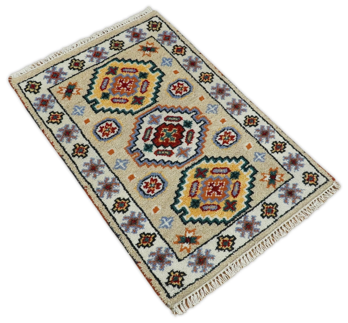 Small 2x3 Gray and Camel Wool Hand Knotted traditional Persian Vintage Antique Southwestern Kazak | TRDCP28123