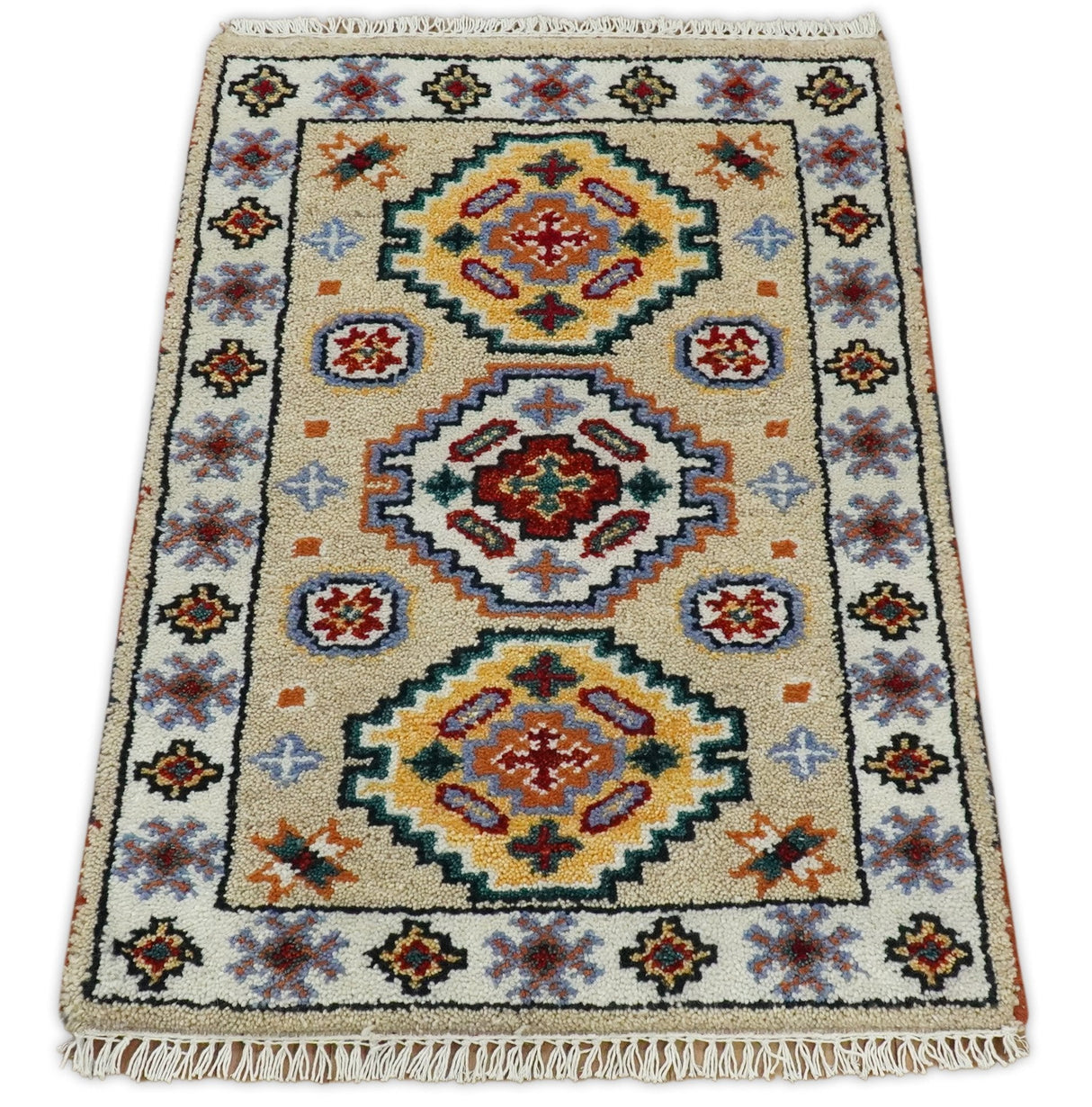 Small 2x3 Gray and Camel Wool Hand Knotted traditional Persian Vintage Antique Southwestern Kazak | TRDCP28123