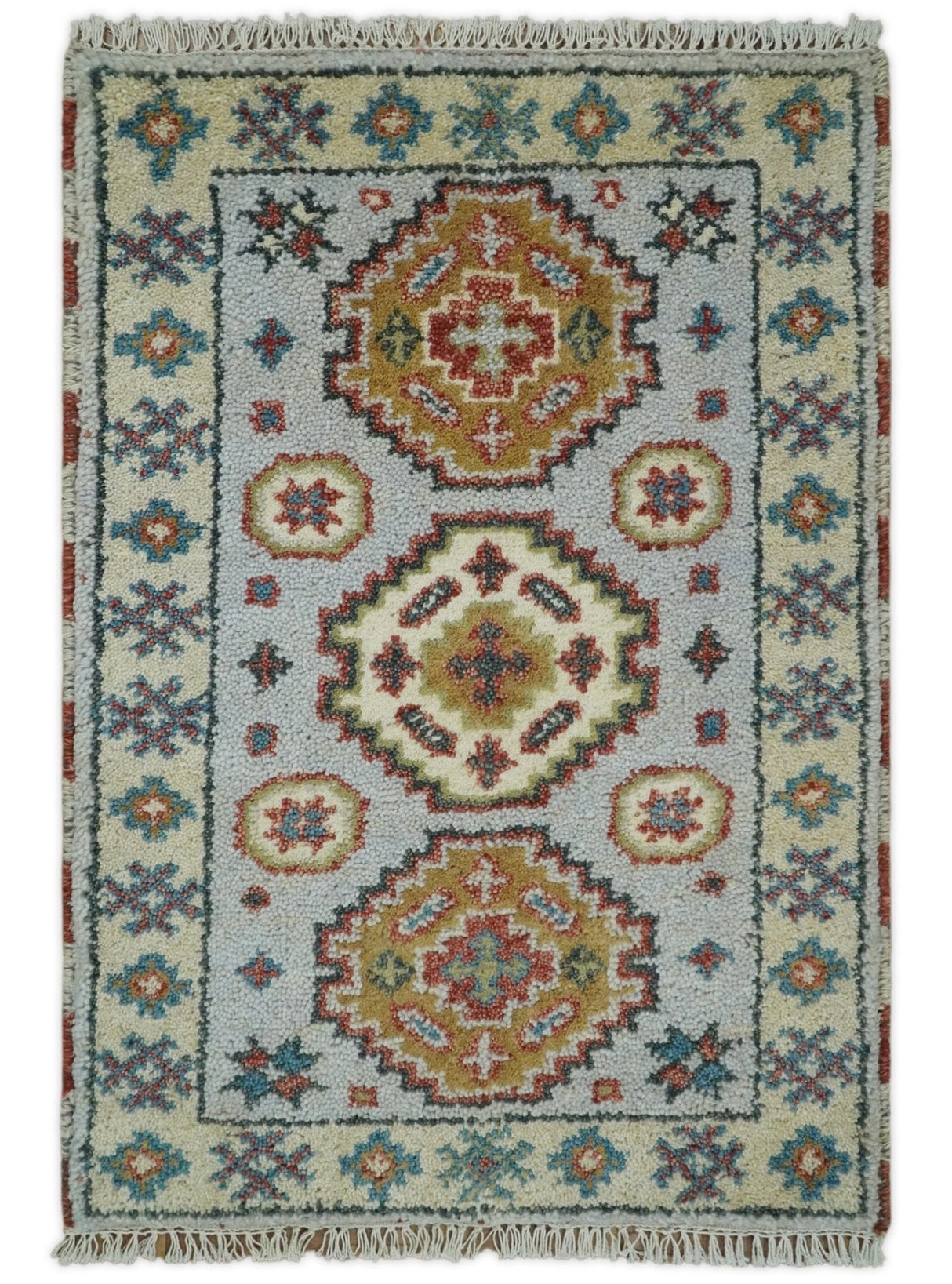 Small 2x3 Gray and Camel Wool Hand Knotted traditional Persian Vintage Antique Southwestern Kazak | TRDCP28123