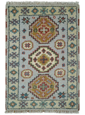Small 2x3 Gray and Camel Wool Hand Knotted traditional Persian Vintage Antique Southwestern Kazak | TRDCP28123