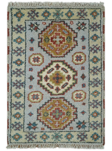 Small 2x3 Gray and Camel Wool Hand Knotted traditional Persian Vintage Antique Southwestern Kazak | TRDCP28123